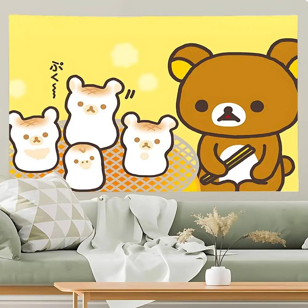 Cute Lazy Bear Daily Life Tapestry  4 Styles Kawaii Cartoon Wall Hanging for Kids Bedroom Dorm Living Room Decor