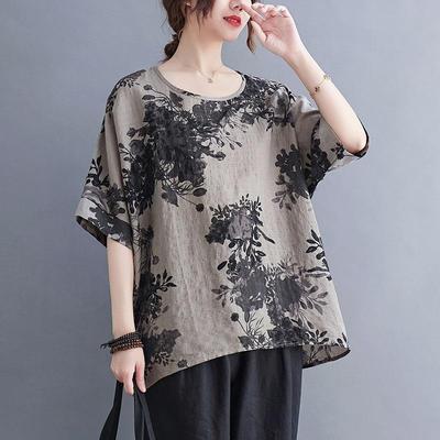 Short Sleeve Oversized Cotton Vintage Floral Casual Loose T Shirt Tops Women Summer T-shirt
