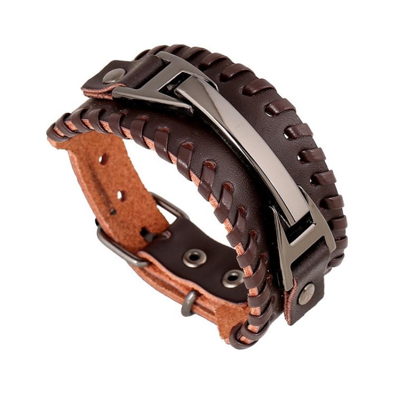 Mens Vintage Leather Bracelet With Metal Woven Band Wide Cuff Style Retro Handcrafted Jewelry Accessory