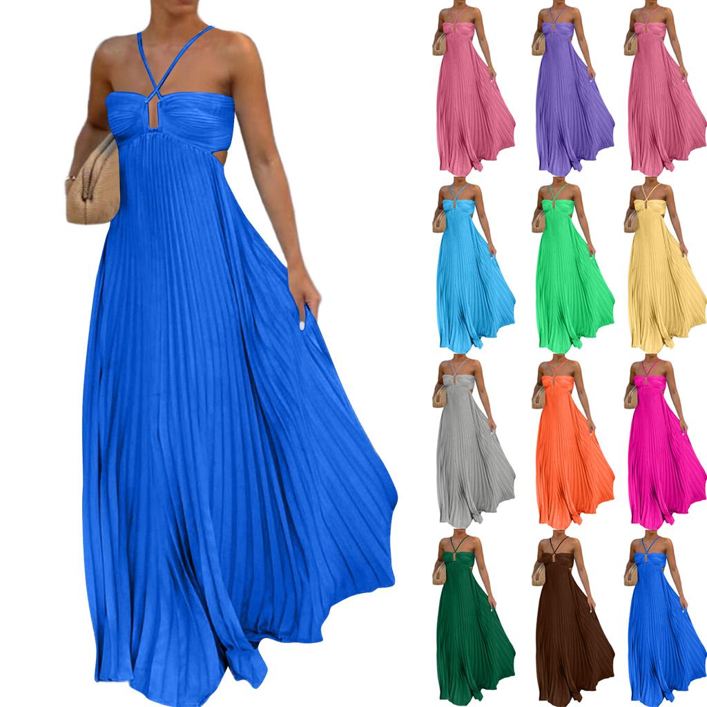 Women’s Pleated Maxi Dress with Spaghetti Straps Square Neck Backless Design Lightweight Flowing Fabric for Summer