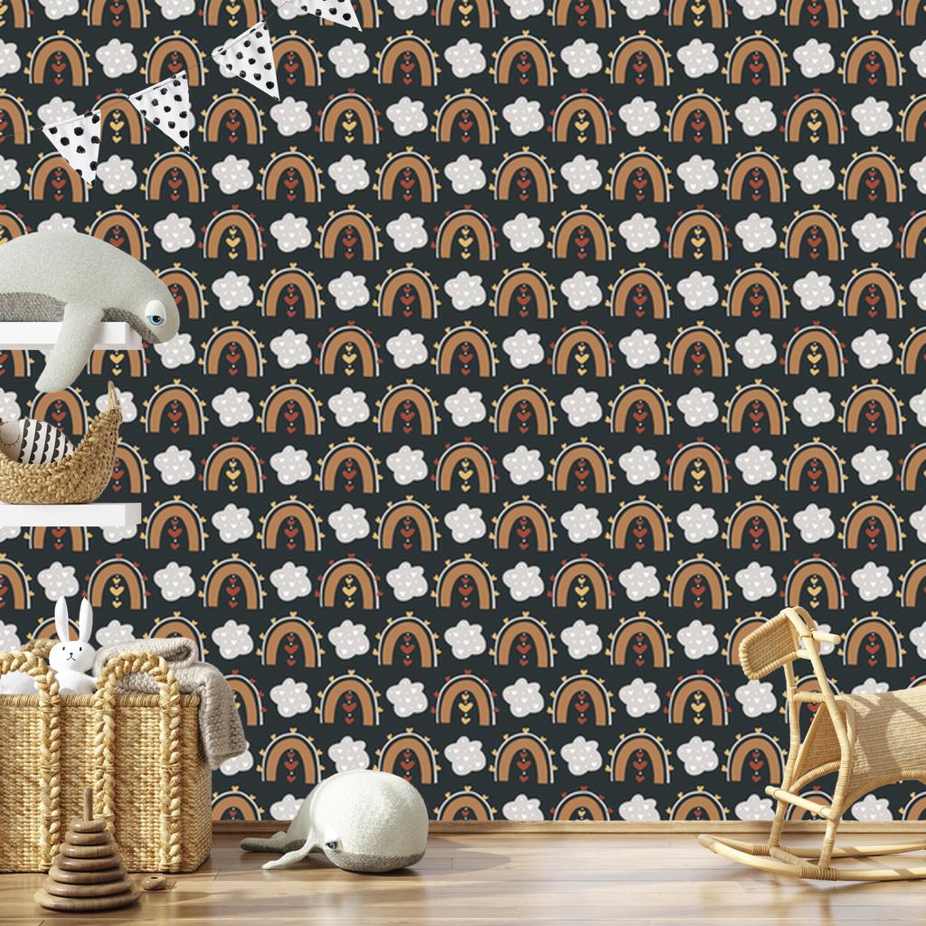 Rainbows and Butterflies Boho Wallpaper Turquoise, Graphite and Brown 50x1000