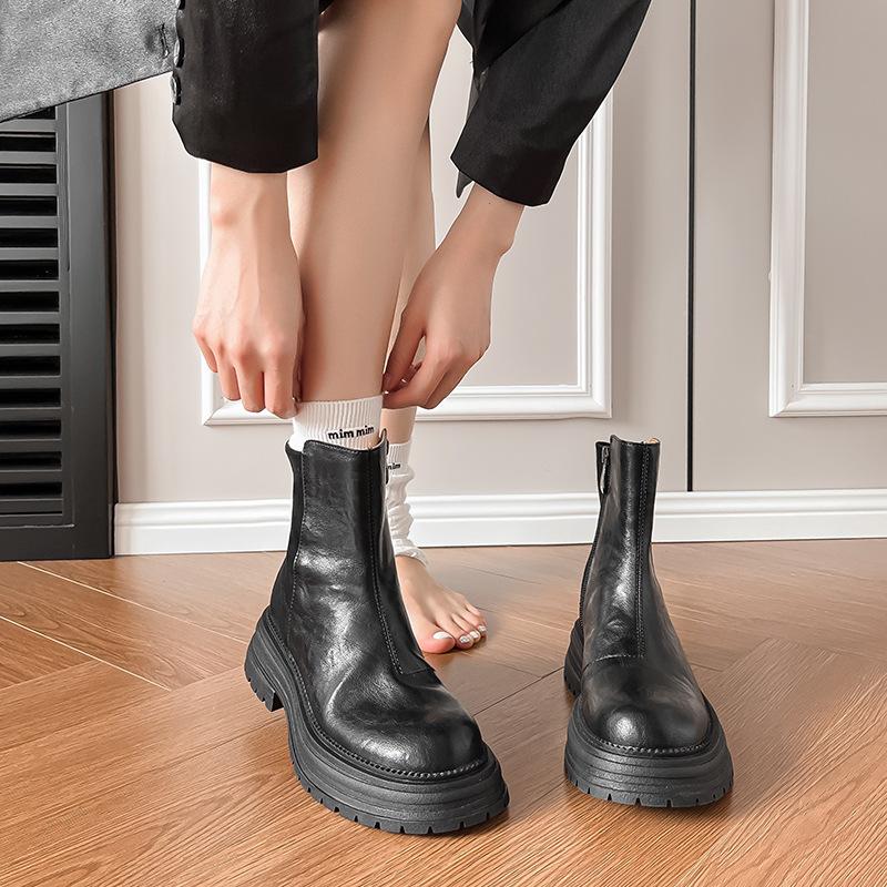 Hand scratched platform short boots women's spring and autumn Chelsea single boots British style Martin boots thick heel side zipper chimney boots