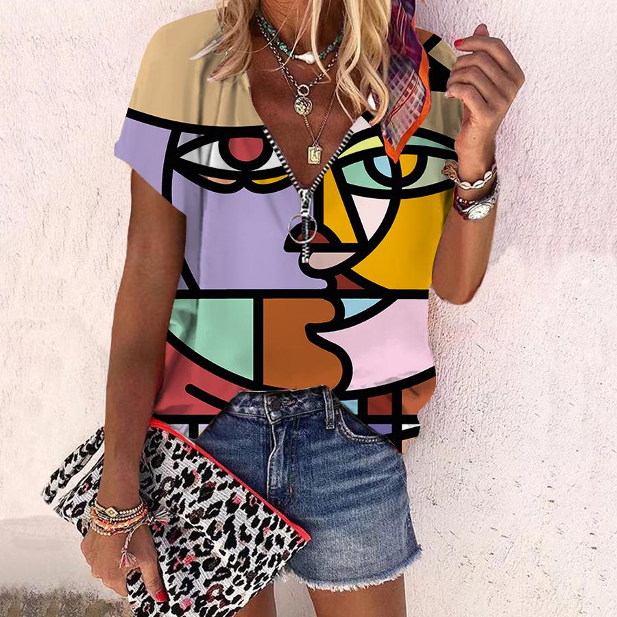 Top da donna estivo nuova moda rosa fiore geometria stampata casual cerniera scollo a V top a maniche corte