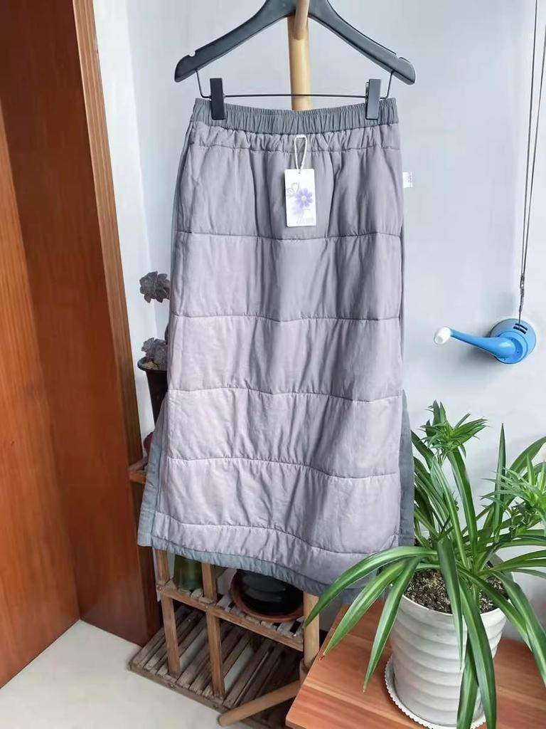 Autumn/Winter Navy Blue Quilted Cotton Midi Skirt - Plus Size, Slimming, Versatile, Chinese-Inspired, Intellectual Style