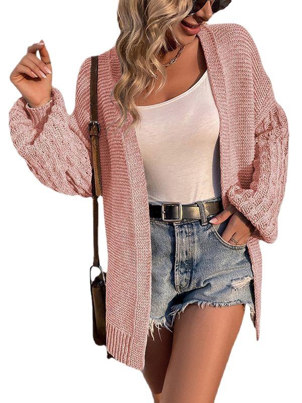 2023 Autumn and Winter New Medium and Long Knitted Sweater Jacket Women's Solid Color Lantern Sleeve European and American Sweater Women's Cardigan