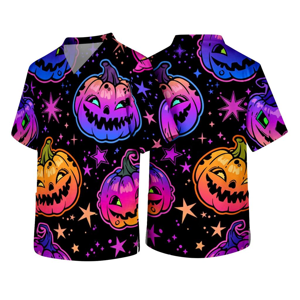 Men's Short Sleeve V Neck Halloween Print Medical Scrub Top with Chest Pocket Comfortable Fit Durable Fabric Suitable for Healthcare Professionals
