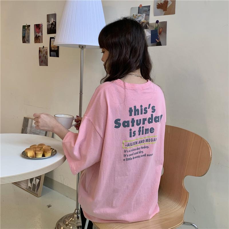 Tricou de vară imprimat, larg, cu mânecă scurtă, pentru studentă, versiune coreeană, cuplu, top imprimat față și spate, top de damă