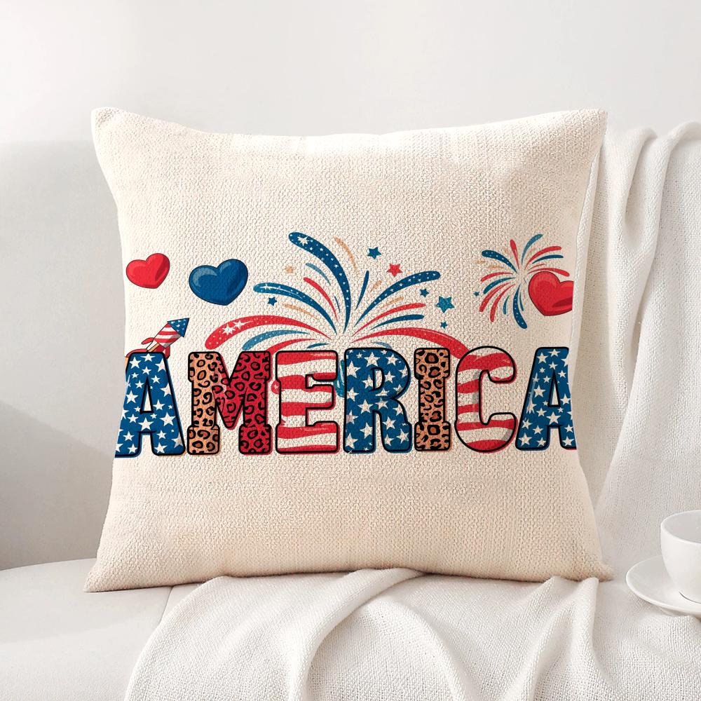 happy Anniversary of the US Cushion Cover Natural Linen Organic Fabric DoubleSided Printing Sofa Home Decor Gift Pillow Cover