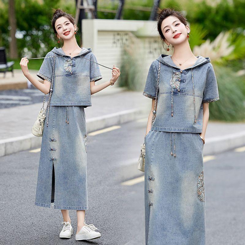 Fashion Embroidery Denim Skirt Set Women Summer Hooded Two Piece Outfit Chinese Style Vintage Youthful