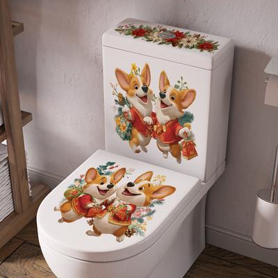 Cartoon Christmas Decoration Corgi Toilet Wall Stickers, Bathroom Decorative Wall Stickers