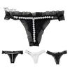 Damskie stringi ze sztucznej perły koronkowy pasek Spaghetti otwarte krocza jednokolorowe niskiej talii uwodzicielskie elastyczne gorące damskie majtki typu stringi bielizna