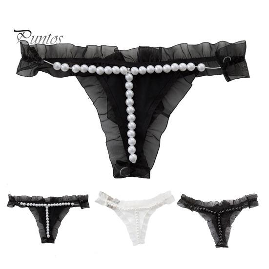Damskie stringi ze sztucznej perły koronkowy pasek Spaghetti otwarte krocza jednokolorowe niskiej talii uwodzicielskie elastyczne gorące damskie majtki typu stringi bielizna