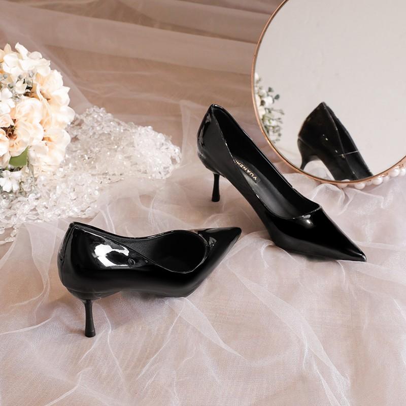 Fashion Versatile Patent Leather High Heels for Women Spring and Summer Elegant Pointed Toe Sexy Nude Stiletto Formal Shoes