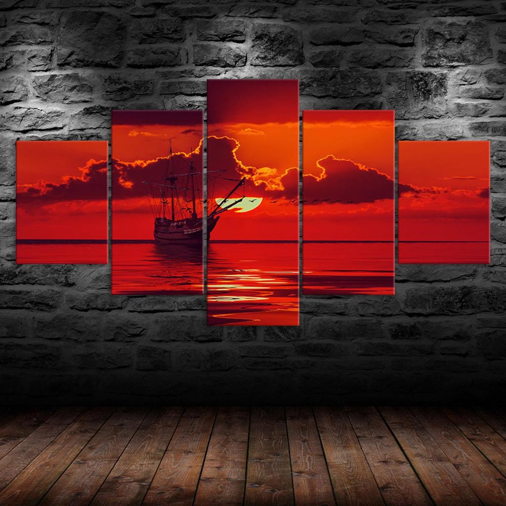 Boat Sunset Red Sky Scenery 5 Piece Five Panel Wall Canvas Print Modern Art Poster Picture Home Decor Gift For Him For Her