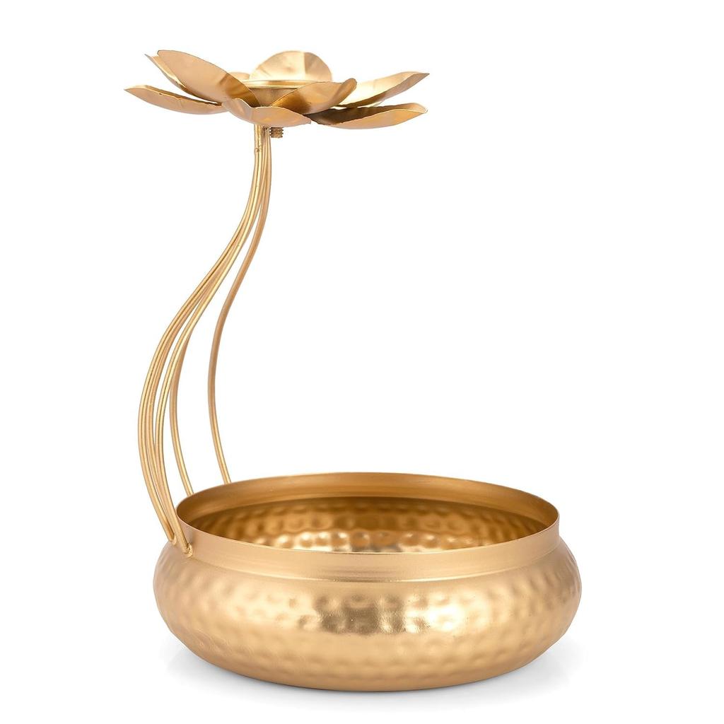 Metal Lotus Tealight Candle Holder for Diwali Decoration Items with Base of Urli Bowl -Diwali Gift Items-Urli Bowl for Home Decor