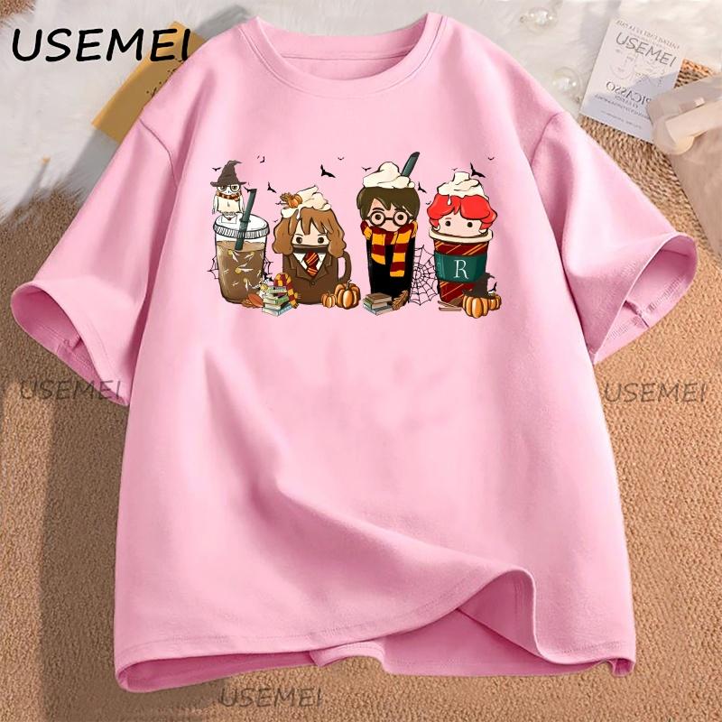 Cute Coffee Characters TShirt Women Men Aesthetic Tee Pumpkin Fall T Shirt Cotton Short Sleeve  Aesthetic High Quality Tees