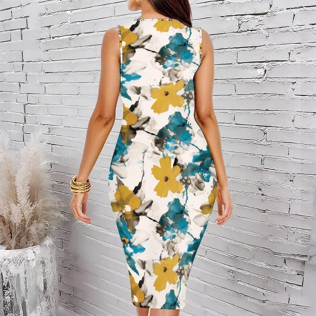 Women Plus Size Sleeveless Round Neck Midi Dress Elegant Gradient Floral Print Bodycon Dress For Daily Party Wear
