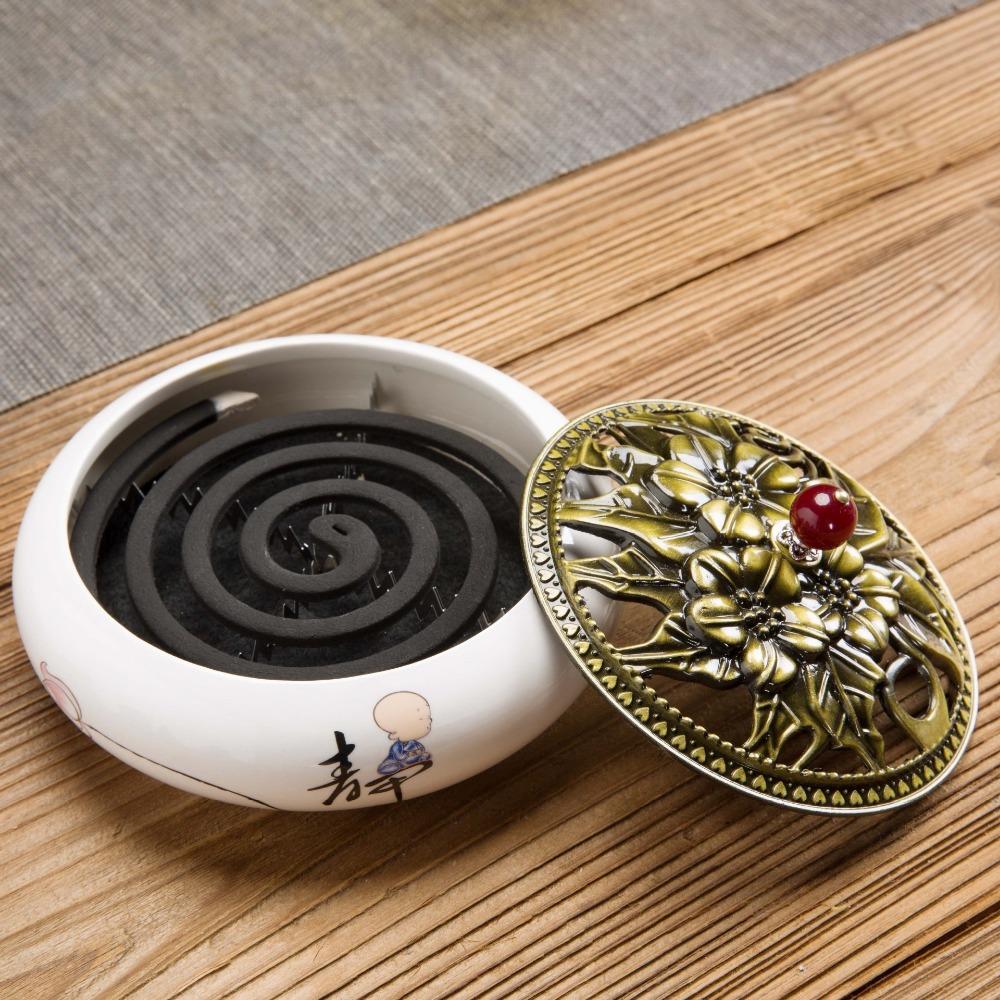 Creative Large Incense Burner Ceramic with Metal Lid Incense Plate Ice Crack Antique Alloy Sandalwood Stove Home Decoration