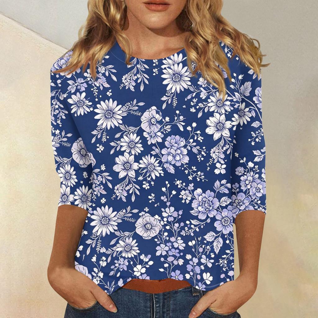 Top da Donna Casual con Stampa Floreale, Manica a Tre Quarti, Girocollo, Leggero, Vestibilità Comoda, Per l'Uso Quotidiano