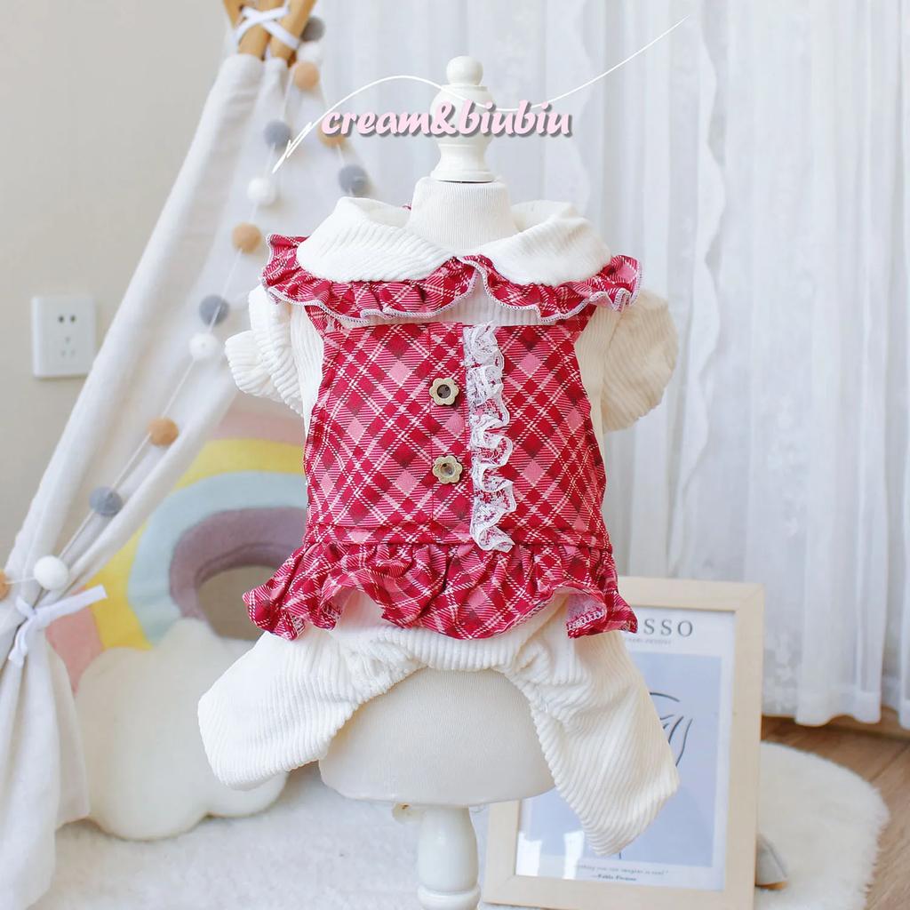 Pet Dog Cat Clothes Autumn Winter with Velvet Red Grid Suspender Fake Two-piece Skirt Four Legged Couple Outfit Puppy Clothes