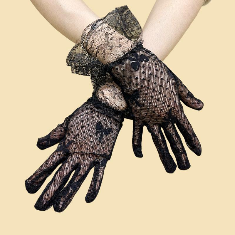 Ladies Summer Sunscreen Gloves, Mesh Bow, Black Lace Etiquette Gloves, Wedding Gloves