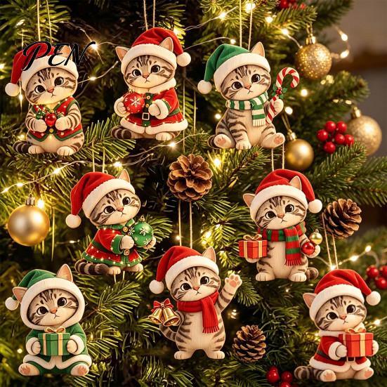 Flat Wood Ornament Cute Kitten Christmas for Tree Hanging, 2D Wooden Rustic Xmas Ornaments Decorative Pendant with Lanyard Home Holiday Party Supplies