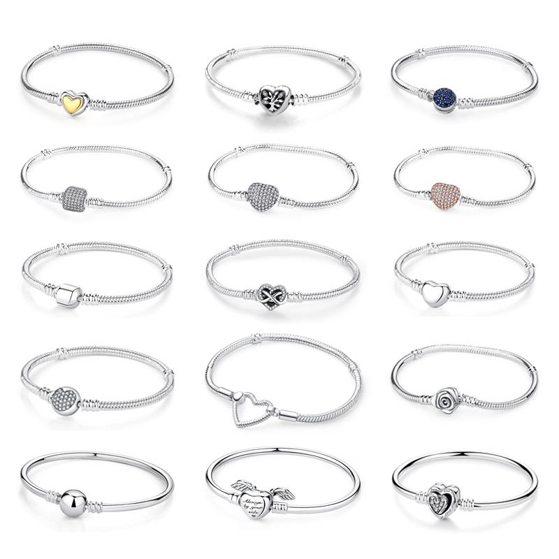 Original 925 Sterling Copper Bracelets Bangles Love Heart Clip Charms Beads Snake Chains For Women Rose Gold DIY Luxury Zircon