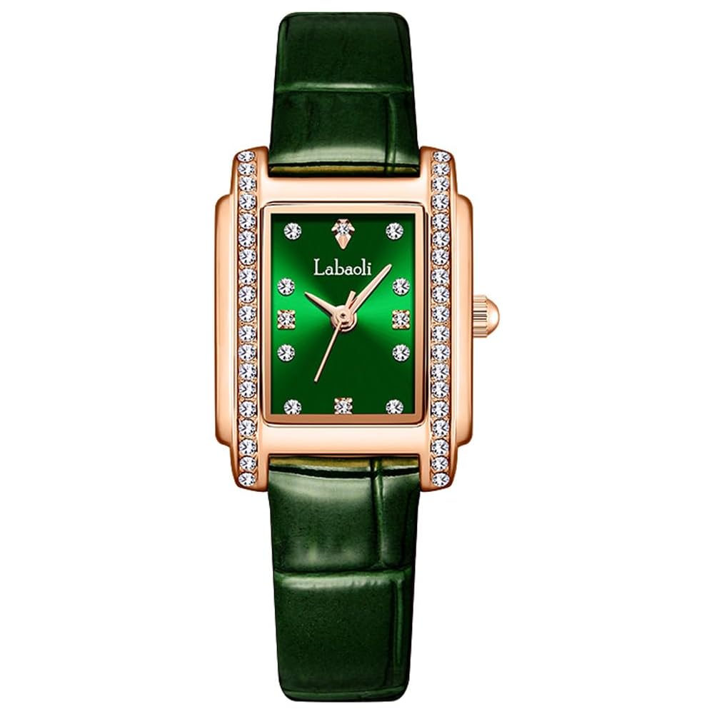 Women s Square Watch Green Leather Band Diamond Waterproof Casual Business Elegant