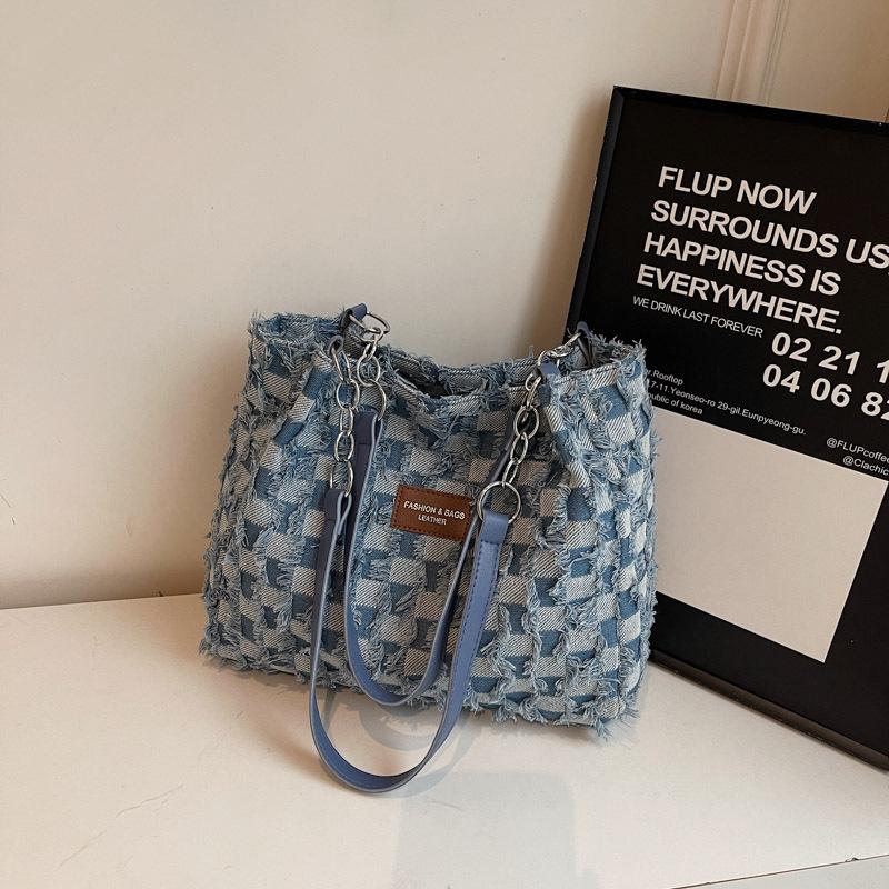 Borsa Tote in Denim a Quadri con Frange Vintage per Donna Grande Capacità Design a Stella Borsa a Spalla Borsa a Mano Casual