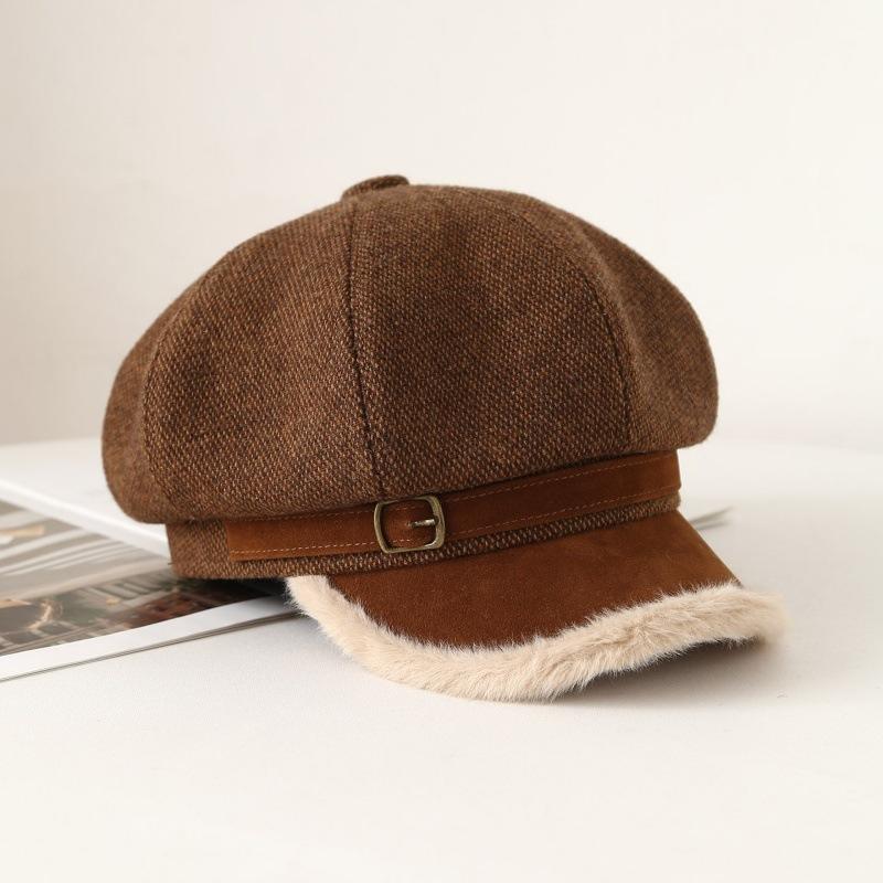 Octagon Hat Female Beret Autumn and Winter Style Fleece Warm Newsboy Hat Painter's Hat New Style