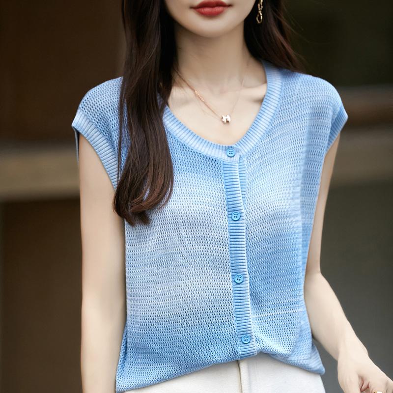 Women's wool sleeveless cardigan Qinghe cashmere 50% silk 50% wool spring and summer wool short sleeve sleeveless vest soft and comfortable