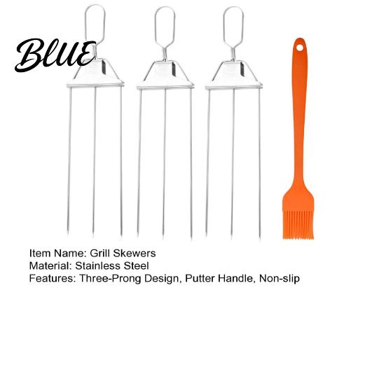 Food Grilling Skewers 3-Prong Grill Skewers Stainless Steel BBQ with Pusher Rust-proof Long Lasting Sticks for Meat Vegetables Chicken Shrimp