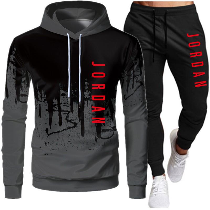 

Men s Autumn/Winter European-American Print Hooded Velvet Sweatshirt Set S