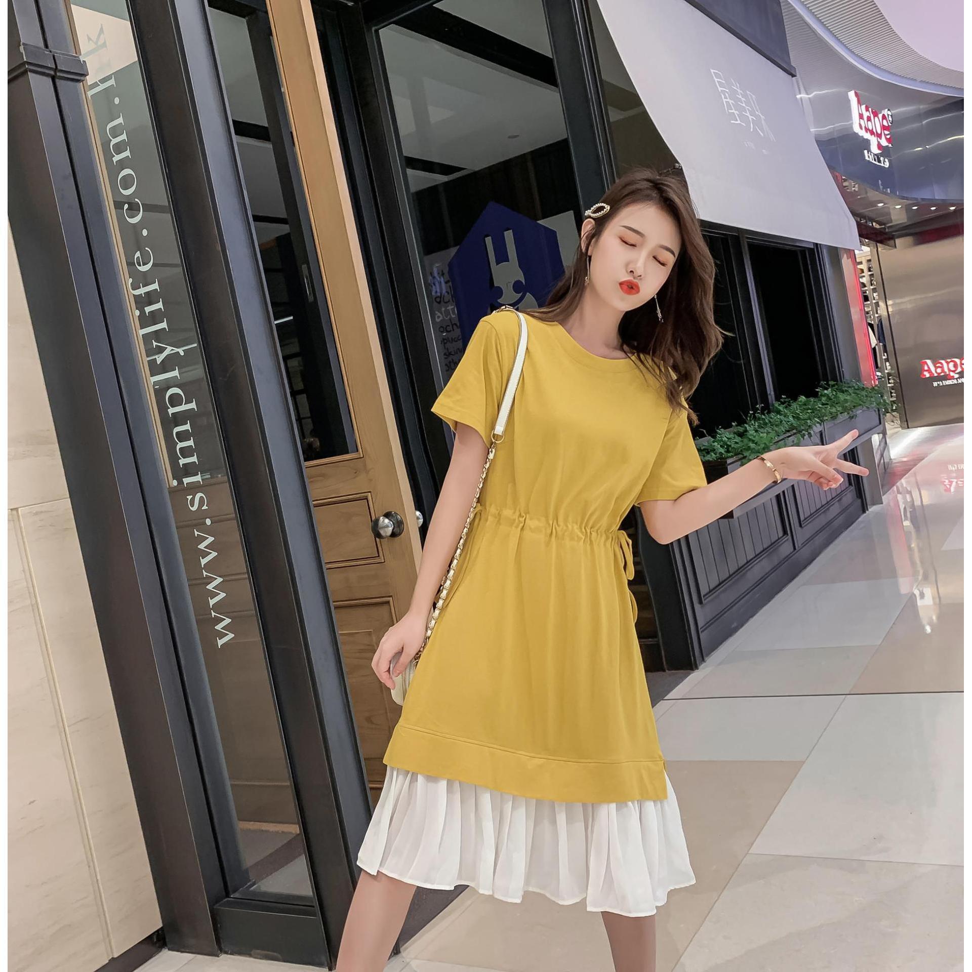 2026 Korean Style Summer Lace-Up Two-Piece Patchwork Dress L жёлтый