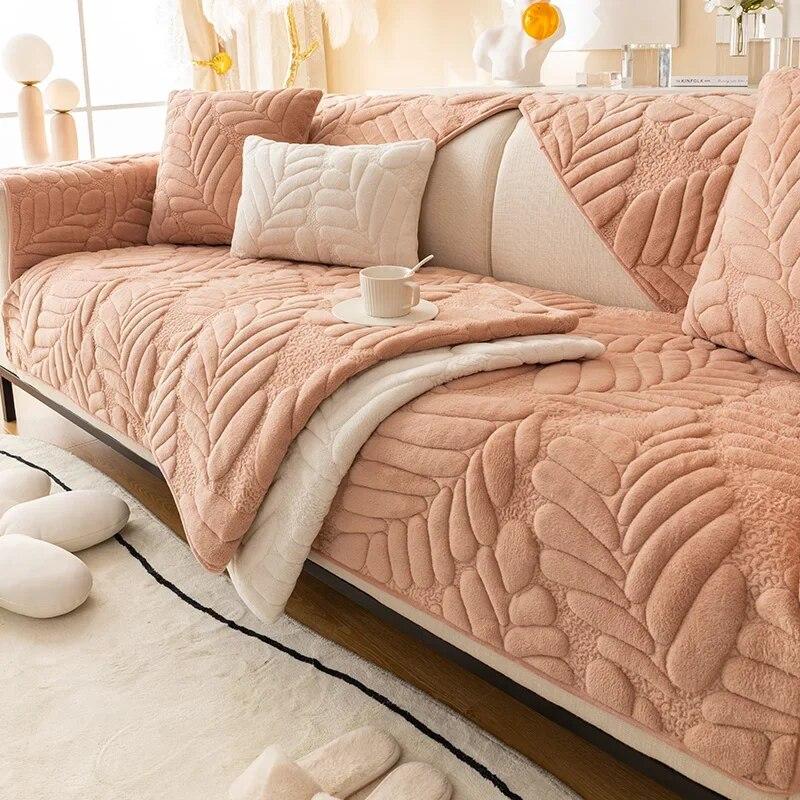 Thicken Short Plush Sofa Cover Living Room Leaves Jacquard Sofa Towel Anti-slip Solid Color Sofa Protector Slipcovers Removable