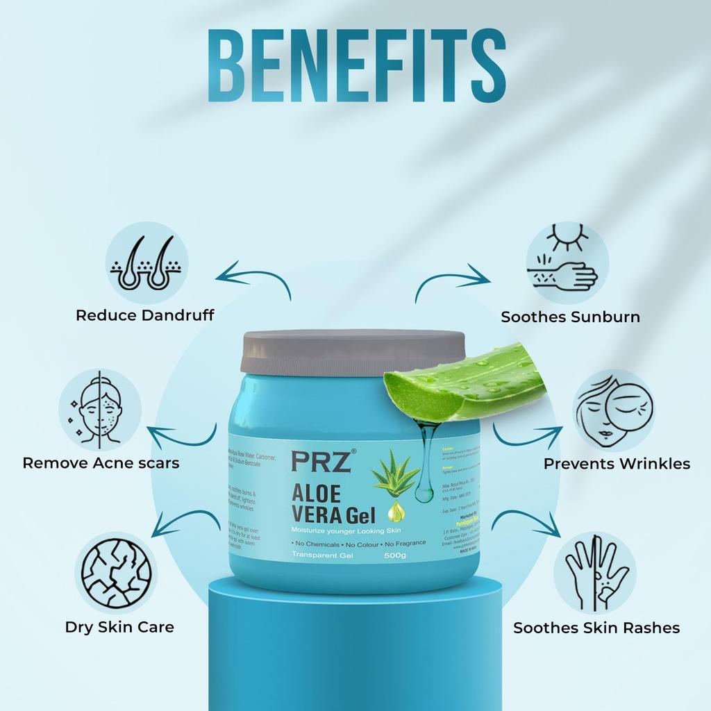PRZ 100% Pure Natural ALOE VERA GEL Transparent (500Gram) For Body & Face Moisturizing, Hair Gel, Multipurpose Beauty Skin Gel, Acne Scars, Glowing &