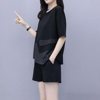 Kadın Yazlık İki Parça Kıyafet Bol Kısa Kollu Bisiklet Yaka Ekose Desenli Üst Geniş Paça Şort Takımı Günlük Ev Giyim Eşofman