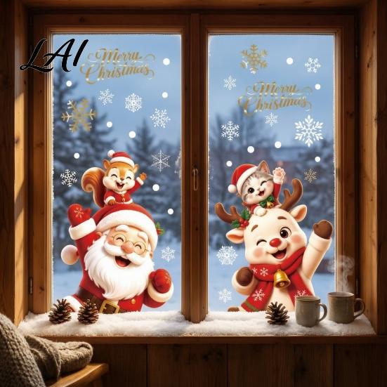 Holiday Glass Decals 2Pcs Christmas Window Clings Santa Claus Elk Static Decals Festive Shop Supplies Removable Cute Cartoon Stickers for Home Doors