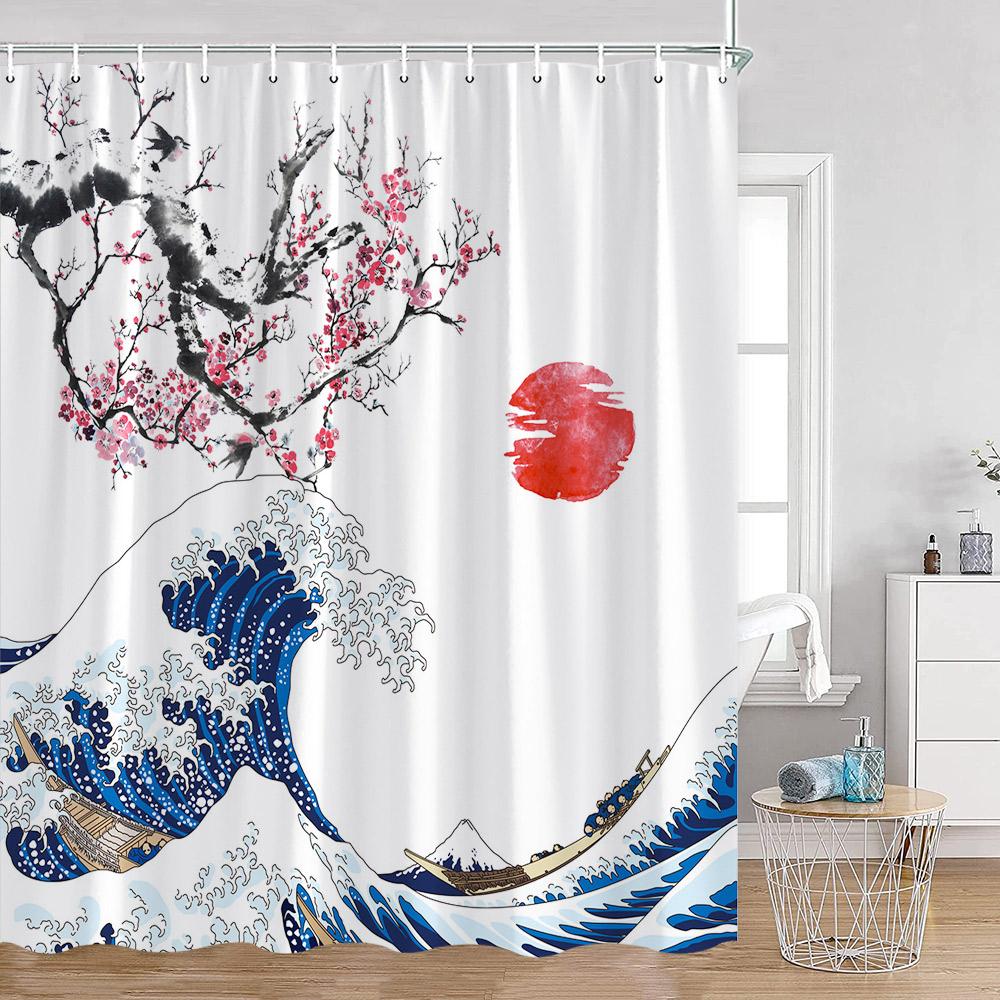 Japanese Style Shower Curtains Fuji Mount Great Waves Bamboo Red Sun Bathroom Curtain Japan Fabric Home Decorations For Bathtub