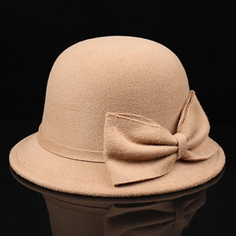 Hepburn style elegant woolen basin hat autumn and winter bow fisherman hat women's French retro temperament top hat