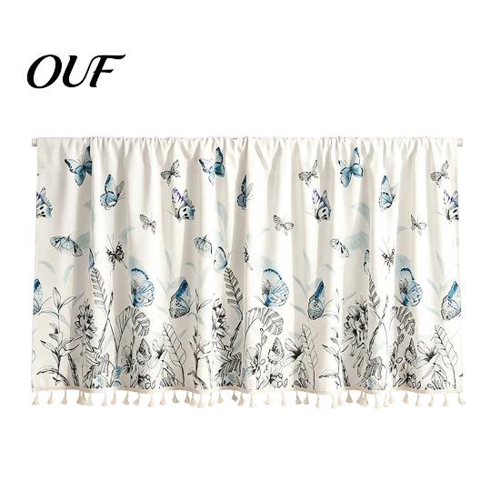 Watercolor Botanical Curtains Wildflowers Blossom Oven Skirt, Floral Valance Curtain with Colorful Tassels, Rod Pocket, Farmhouse Cabinet Stove Skirt