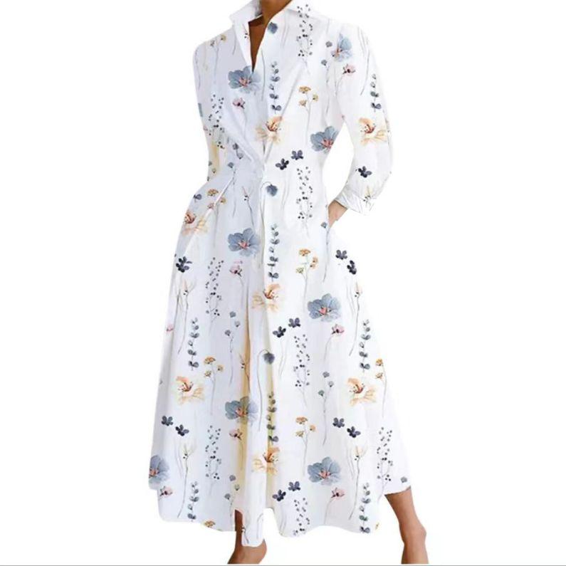 Women Casual Turn Down Collar Long Sleeve Loose Long Dress
