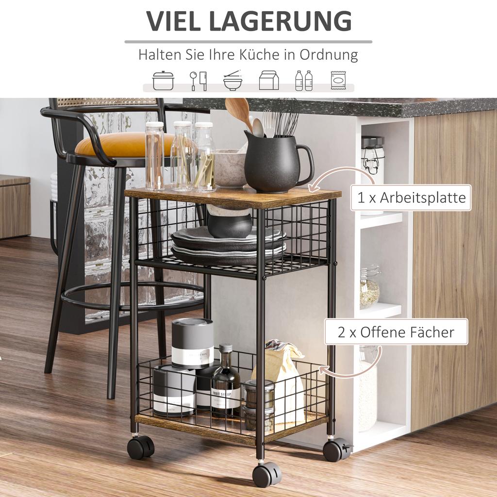 Industrial Design Kitchen Cart 1 Shelf 1 Storage Basket 4 Wheels 40 cm x 30 cm x 62 cm Steel Black + Brown