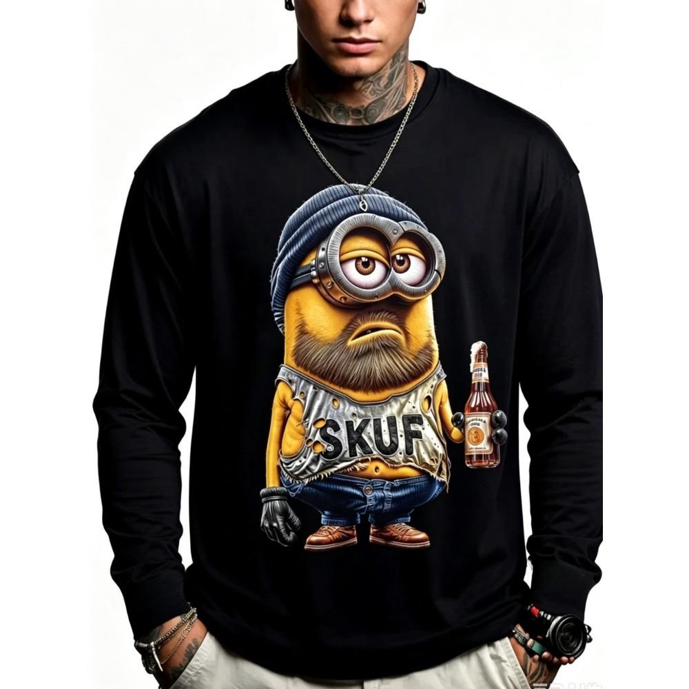 Autumn Round Neck Fashionable Versatile Leisure 3D Long Sleeved T-shirt Fun Cartoon Animal Printed T-shirt Men Loose Large T-shirt