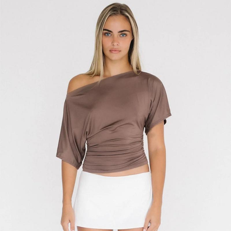 T-shirt Casual da Donna Sexy Aderente con Ruches a Spalla Unica Manica Corta