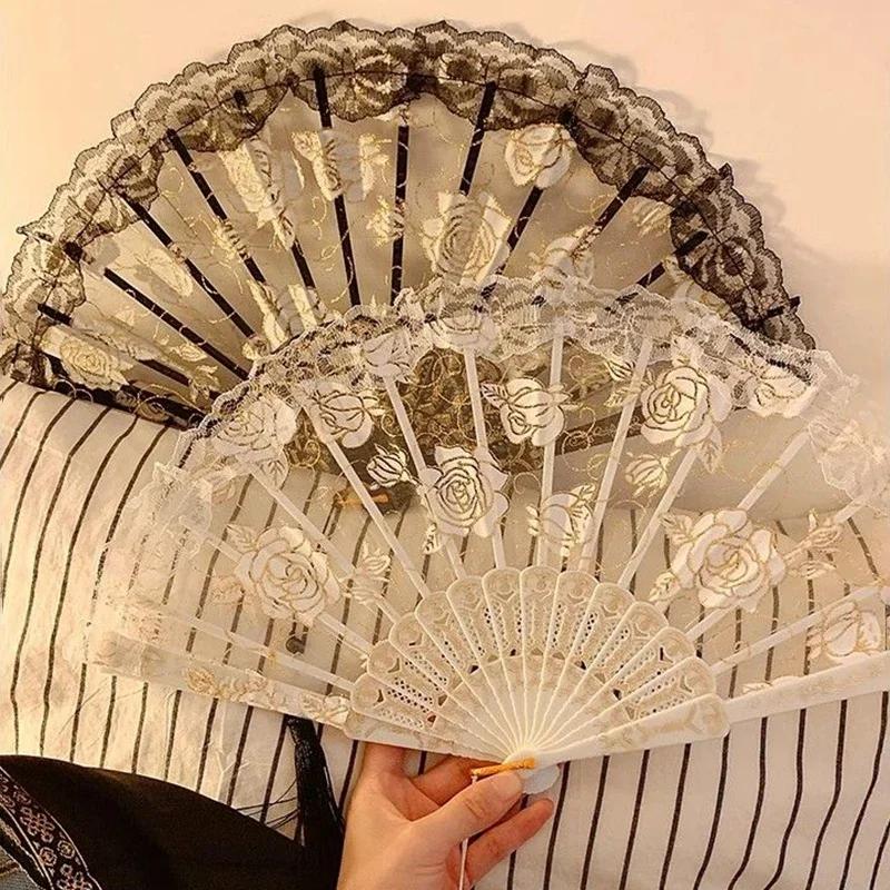 Retro Lolita Folding Lace Fan Portable Sweet Fairy Girl Dark Gothic Court Dance Hand Fan Art Craft Gift Wedding Party Decoration