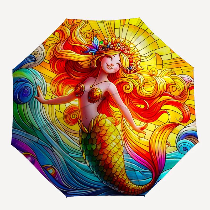 1pc Stained Glass Mermaid Auto-Folding Umbrella - Portable 3-Fold Design with 8-Bone Iron Frame, Perfect for Outdoor Use, Festive Gifts, Travel, Daily
