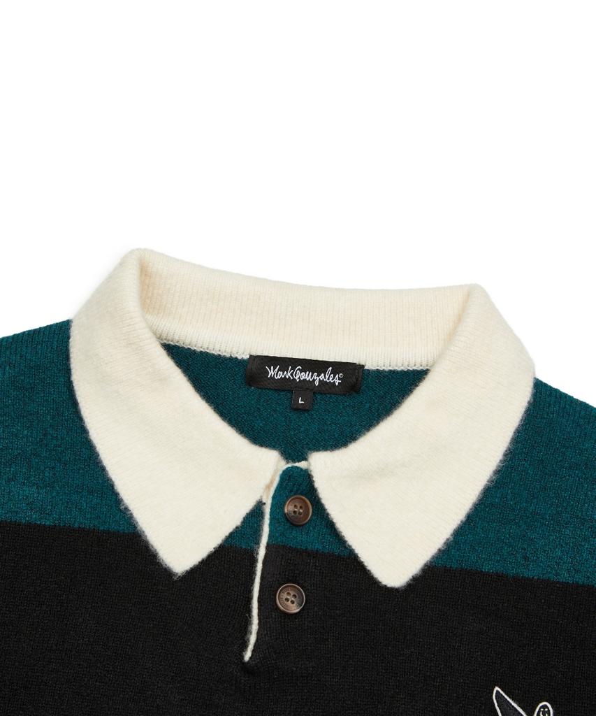 MARK GONZALES Angel Wappen Striped Polo Knit - D/Green