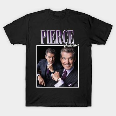 Men Black Print T-shirt Pierce Brosnan No-Cut Transfer Paper Print Cotton Tshirt