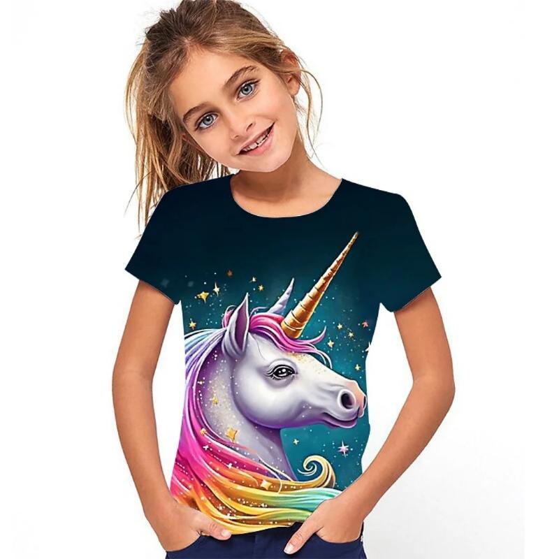 New 3D Horse Print T-Shirt Summer Short Sleeve Tops Fashion Floral Graphic T-Shirts Children Casual Clothes T-Shirts Girls Tops